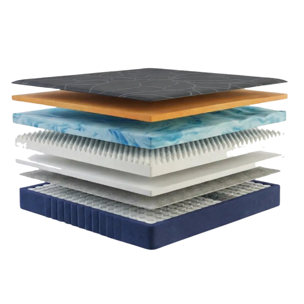Layered mattress construction showcasing hybrid design with foam and coils for optimal comfort and support.